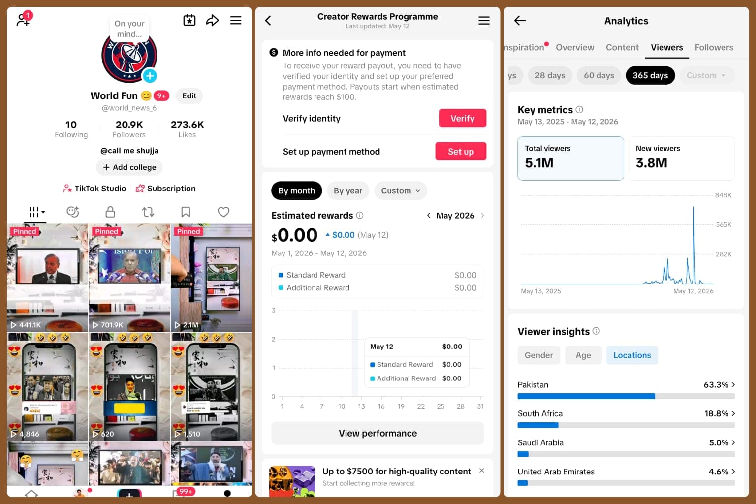 TikTok monetization and analytics showing 5.1M total viewers and Creator Rewards information