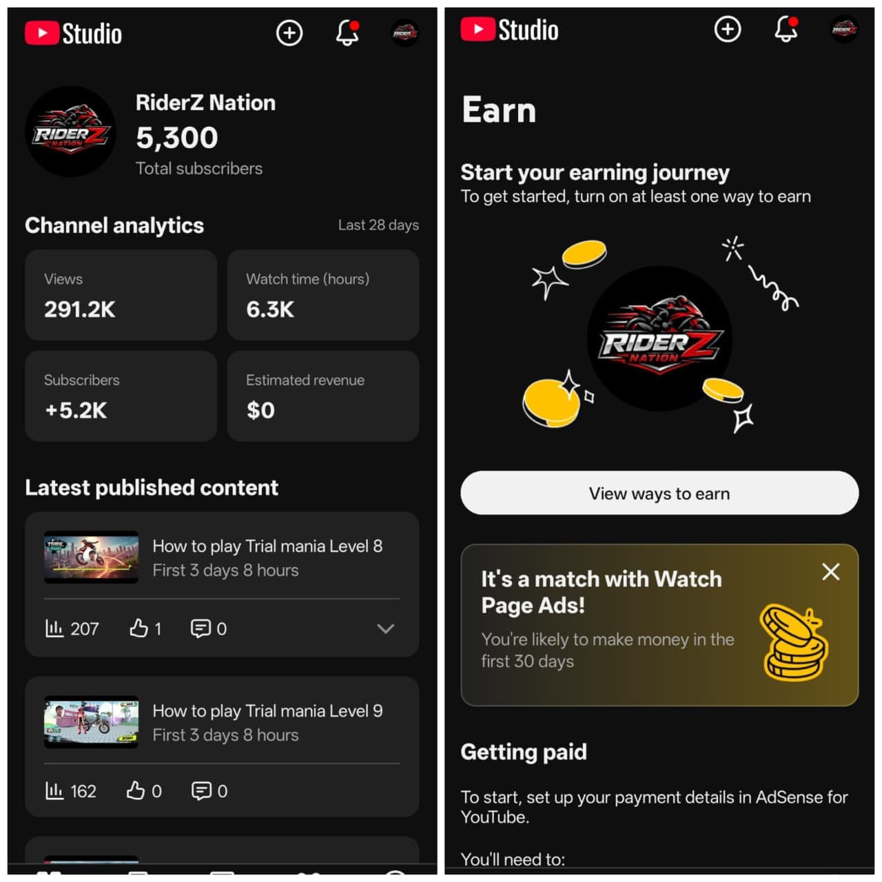 RiderZ Nation YouTube channel analytics showing 291.2K views, 6.3K watch hours, and 5.2K new subscribers